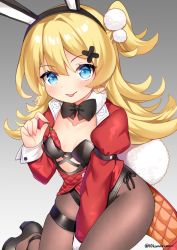Rule 34 | 1girl, abercrombie (azur lane), abercrombie (mischief on the rocks) (azur lane), animal ears, azur lane, blonde hair, blue eyes, blush, breasts, chili pepper, collarbone, commentary request, fake animal ears, hair ornament, juugou taki, leotard, looking at viewer, medium hair, official alternate costume, pantyhose, playboy bunny, simple background, small breasts, solo, tongue, tongue out, twitter username
