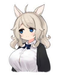 Rule 34 | 1girl, ahoge, animal ears, blonde hair, blue eyes, blush, bow, bowtie, breasts, character request, copyright request, cropped torso, dot nose, eyes visible through hair, looking to the side, medium hair, moru (monaka), shirt, solo, split mouth, tareme, taut clothes, upper body, virtual youtuber, white background, white shirt, wing collar