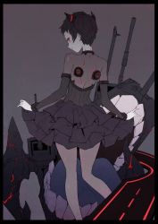 Rule 34 | 1girl, abyssal ship, alternate hair length, alternate hairstyle, back, black hair, blue tongue, crack, ear piercing, earrings, glowing, glowing eye, grin, horns, isolated island oni, jewelry, kantai collection, looking back, monster, ngra201, open mouth, pantyhose, parted lips, piercing, red eyes, short hair, skirt, smile, teeth, tongue