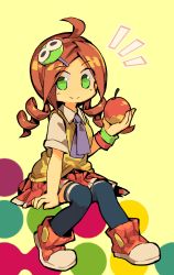 Rule 34 | 1girl, ahoge, apple, black thighhighs, blue neckerchief, blush, brown hair, character request, cloneko (zelmeledf2), drill hair, female focus, food, fruit, full body, green eyes, hair ornament, hairclip, hairpin, hand up, holding, looking at viewer, neckerchief, pleated skirt, red footwear, red skirt, school uniform, shirt, shoes, short sleeves, simple background, sitting, skirt, smile, solo, thighhighs, twin drills, vest, white shirt, yellow background, yellow vest, zettai ryouiki