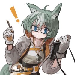 Rule 34 | !, 1girl, ahoge, animal ear fluff, animal ears, arknights, black-framed eyewear, black skirt, blue eyes, breasts, buchi0122, commentary request, glasses, gloves, green hair, hair between eyes, hands up, highres, holding, holding pencil, jacket, long sleeves, looking at viewer, open clothes, open jacket, parted lips, pencil, proviso (arknights), puffy long sleeves, puffy sleeves, shirt, simple background, skirt, small breasts, solo, tail, white background, white gloves, white shirt