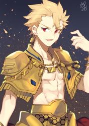 Rule 34 | 1boy, abs, armor, bare pectorals, blonde hair, collarbone, earrings, enki (fate/prototype), fate/prototype, fate (series), fringe trim, gilgamesh (fate/prototype), gold armor, jewelry, looking at viewer, male focus, necklace, nikame, open clothes, open mouth, pectorals, red eyes, smile, solo, spiked hair