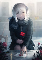 Rule 34 | 1girl, backlighting, bad id, bad pixiv id, blunt bangs, blurry, blush, bucket, candle, commentary, crying, crying with eyes open, depth of field, engagement ring, flower, grave, graveyard, grey eyes, hairband, highres, jacket, jewelry, kazuko (towa), ladle, letter, lips, looking at viewer, love letter, original, ornate ring, outdoors, plant, pleated skirt, ring, rose, sad, scarf, short hair, silver hair, skirt, smile, solo, squatting, tears, translated, valentine