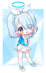 Rule 34 | 1girl, :d, aqua hair, arms behind back, arona (blue archive), blue archive, blue eyes, bow, braid, chibi, choker, commentary, eyes visible through hair, full body, gelulu, hair bow, hair over one eye, hair ribbon, hairband, halo, long sleeves, looking at viewer, multicolored hair, open mouth, pleated skirt, ribbon, school uniform, serafuku, shoes, short hair, sidelocks, simple background, single braid, skirt, smile, sneakers, solo, standing, two-tone hair