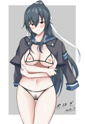 Rule 34 | 1girl, abataa, bikini, black bikini, black hair, black jacket, border, breasts, cleavage, commission, cowboy shot, crossed arms, crotchless, crotchless bikini, cupless bikini, female pubic hair, gluteal fold, grey background, hair ribbon, highres, jacket, jacket on shoulders, kantai collection, large breasts, long hair, looking at viewer, micro bikini, navel, nipples, ponytail, pubic hair, red eyes, ribbon, signature, simple background, skeb commission, skirt, smile, solo, swimsuit, thighhighs, white border, white ribbon, yahagi (kancolle), yahagi kai ni (kancolle)