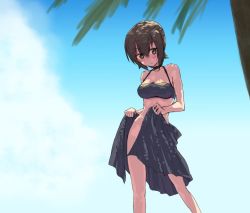 Rule 34 | 10s, 1girl, adjusting clothes, adjusting swimsuit, bikini, black bikini, black choker, black sarong, blue sky, blurry, blurry foreground, blush, breasts, choker, closed mouth, cloud, cloudy sky, commentary, day, girls und panzer, head tilt, light frown, looking at viewer, medium breasts, monolith (suibou souko), nishizumi maho, no panties, outdoors, palm tree, sarong, short hair, sky, solo, standing, swimsuit, tree