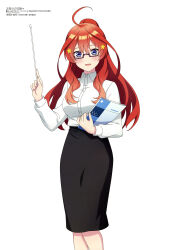 1girl absurdres ahoge blue_eyes blush breasts copyright_name copyright_notice dress_shirt glasses go-toubun_no_hanayome hair_ornament hairclip highres iky long_hair looking_at_viewer magazine_scan megami_magazine nakano_itsuki official_art open_mouth red_hair scan shirt simple_background skirt smile solo standing white_background