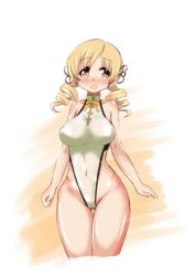 Rule 34 | 10s, 1girl, adapted costume, bad id, bad twitter id, blonde hair, blush, bodysuit, breasts, covered navel, drill hair, eyebrows, gluteal fold, hair ornament, large breasts, leotard, looking to the side, mahou shoujo madoka magica, mahou shoujo madoka magica (anime), mizushima (p201112), open mouth, short hair, simple background, solo, tomoe mami, twin drills, wide hips, yellow eyes