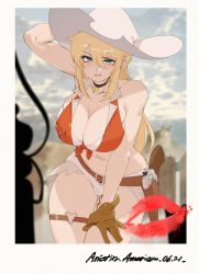 Rule 34 | 1girl, absurdres, academy cowboy ga doeda, arm behind head, belt, blonde hair, blue eyes, breasts, brown belt, brown gloves, choker, cleavage, cowboy hat, cowboy western, gloves, hand on own thigh, hat, highres, jin rou, large breasts, lipstick mark, long hair, looking at viewer, official art, polaroid, short shorts, shorts, sky, solo, thigh strap, white hat, white shorts