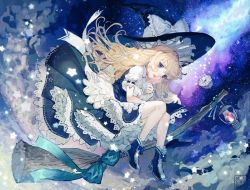 Rule 34 | 1girl, apron, artist name, black hat, black skirt, black vest, blonde hair, blue bow, blue eyes, blue footwear, blue ribbon, blush, bow, broom, broom riding, cloud, commentary request, fire, full body, hair between eyes, hat, hat bow, highres, holding, kirisame marisa, lantern, long hair, looking at viewer, mini-hakkero, mochacot, night, night sky, nose blush, open mouth, petticoat, puffy short sleeves, puffy sleeves, ribbon, shirt, shoes, short sleeves, skirt, sky, solo, star (sky), starry sky, tanabata, touhou, vest, waist apron, white apron, white bow, white shirt, witch hat, wrist cuffs