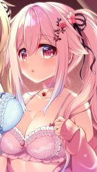 Rule 34 | 2girls, :o, aqua bra, blonde hair, blue hair, blush, bra, breast rest, breasts, cardigan, choker, cleavage, close-up, collarbone, commentary, curtains, flower, frilled bra, frills, gradient hair, hair between eyes, hair flaps, hair flower, hair ornament, hair ribbon, harusame (kancolle), heart-shaped lock, highres, jewelry, kantai collection, large breasts, light particles, long hair, long sleeves, looking at viewer, medium breasts, multicolored hair, multiple girls, murasame (kancolle), necklace, open cardigan, open clothes, open mouth, pink bra, pink hair, pink neckwear, ribbon, ringo sui, side ponytail, sidelocks, underwear, very long hair