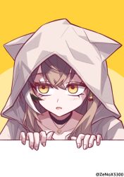 Rule 34 | 1girl, animal hood, berry, black choker, brown eyes, brown hair, brown hoodie, choker, crossed bangs, earrings, ears through headwear, fingernails, food-themed earrings, highres, hololive, hololive english, hood, hood up, hoodie, jewelry, looking to the side, multicolored hair, nanashi mumei, nanashi mumei (casual), necklace, official alternate costume, open mouth, oversized clothes, simple background, streaked hair, virtual youtuber, yellow background, zenox5300