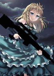Rule 34 | 1girl, aqua dress, black bullet, blonde hair, blue eyes, cloud, detached sleeves, dress, frille dress, frilled dress, frills, gun, h&amp;k psg1, hair ornament, highres, holding, holding gun, holding weapon, index finger raised, layered dress, long hair, looking at viewer, night, rifle, sato-pon, sky, sleeveless, sleeveless dress, sniper rifle, solo, standing, star (sky), starry sky, tina sprout, weapon