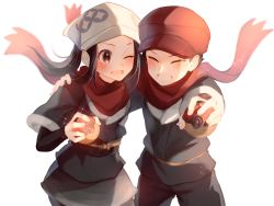 Rule 34 | 1boy, 1girl, :d, akari (pokemon), arm around shoulder, black hair, black pants, black pantyhose, blush, closed eyes, creatures (company), floating scarf, galaxy expedition team survey corps uniform, game freak, grin, hat, head scarf, highres, holding, holding poke ball, long hair, looking at another, nintendo, obi, one eye closed, open mouth, outstretched arm, pants, pantyhose, parted lips, poke ball, poke ball (legends), pokemon, pokemon legends: arceus, ponytail, red headwear, red scarf, rei (pokemon), sash, scarf, short hair, smile, violet (mesy4285), white background, white headwear