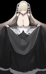 Rule 34 | 1girl, absurdres, azur lane, between breasts, black background, black dress, bowing, breasts, cleavage, closed eyes, curtsey, dress, formidable (azur lane), frills, full body, highres, large breasts, light brown hair, long hair, lump saury, simple background, skirt hold, solo, very long hair