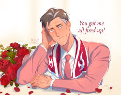 Rule 34 | 1boy, alternate costume, bouquet, brown hair, closed mouth, collared shirt, commentary, creatures (company), english text, flower, game freak, grey hair, head rest, jacket, kabu (pokemon), long sleeves, looking at viewer, male focus, mature male, necktie, neukgol, nintendo, petals, pink jacket, pink necktie, pokemon, pokemon swsh, red flower, red towel, shirt, short hair, smile, solo, towel, towel around neck, upper body, valentine, white shirt, wrinkled skin