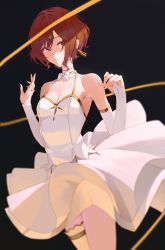 Rule 34 | 1girl, absurdres, bare shoulders, black background, breasts, brown eyes, brown hair, choker, cleavage, dress, earrings, elbow gloves, gloves, hair ornament, hairclip, highres, higuchi madoka, idolmaster, idolmaster shiny colors, jewelry, medium breasts, short hair, single thighhigh, small breasts, solo, starshell, thighhighs, zettai ryouiki