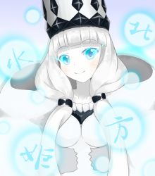 Rule 34 | 1girl, blue eyes, blush, breasts, cloak, closed mouth, crown, glowing, hair ornament, imori neko, kantai collection, long hair, looking at viewer, medium breasts, no bra, northern water princess, ponytail, silver hair, simple background, smile, solo, very long hair, white cloak