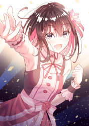 Rule 34 | 1girl, armpits, azki (3rd costume) (hololive), azki (hololive), breasts, clenched hand, collarbone, colored inner hair, detached collar, dress, flower, highres, hololive, koh rd, looking at viewer, multicolored hair, open hand, pink dress, pink flower, pink hair, purple eyes, small breasts, smile, solo, virtual youtuber