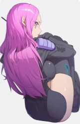 Rule 34 | 1girl, black dress, black gloves, black thighhighs, breasts, commentary, dress, eye piercing, fetal position, from behind, gloves, grey background, highres, jewelry bonney, jewelry bonney (egghead), large breasts, leotard, long hair, long sleeves, looking at viewer, looking back, one piece, pink hair, reulem, shiny skin, sideboob, simple background, sitting, solo, thighhighs, thighs, wide hips