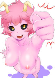 Rule 34 | 10s, 1girl, :d, antennae, ashido mina, black sclera, boku no hero academia, breasts, colored sclera, colored skin, completely nude, fangs, fig sign, from above, highres, large breasts, navel, nipples, nude, open mouth, pink hair, pink skin, smile, solo, tomatto (@ma!), yellow eyes