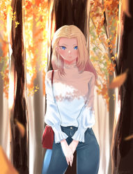 Rule 34 | 1girl, absurdres, autumn, autumn leaves, blonde hair, blue eyes, blue pants, blurry, blurry background, blurry foreground, carrying, casual, clara (girls und panzer), closed mouth, commentary request, dappled sunlight, day, denim, expressionless, girls und panzer, high collar, highres, jeans, leaf, long hair, long sleeves, looking at viewer, outdoors, own hands together, oze (xyz go go11), pants, partial commentary, pursed lips, shirt, solo, standing, sunlight, tree shade, white shirt