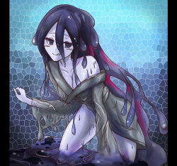Rule 34 | 1girl, :q, bad id, bad pixiv id, bare shoulders, blue eyes, blue hair, blush, breasts, cleavage, covered erect nipples, japanese clothes, kimono, kneeling, licking lips, monster girl, monster girl encyclopedia, mosaic background, nureonago, pillarboxed, slime (substance), slime girl, small breasts, sud (sudea), tongue, tongue out, wet