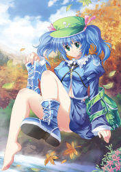 Rule 34 | 1girl, aqua eyes, autumn, bad id, bad pixiv id, barefoot, blue hair, boots, feet, female focus, flower, hat, kawashiro nitori, key, leaf, pico (picollector79), shoes, single shoe, sitting, solo, touhou, twintails, two side up, water