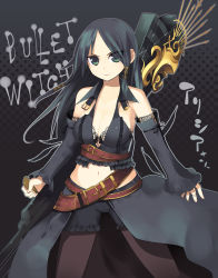 Rule 34 | 1girl, alicia (bullet witch), alicia (bullet witch), aq interactive, bare shoulders, belt, black bra, black hair, bra, breasts, bullet witch, cavia, cleavage, detached sleeves, goth fashion, green eyes, hair tubes, kashiwamochi yomogi, long hair, midriff, mole, navel, open belt, pantyhose, shorts, solo, underwear, waist cape, weapon
