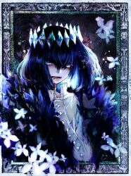 Rule 34 | 1boy, angry, black background, black hair, blue eyes, blue theme, border, bug, butterfly, buttons, colored eyelashes, diamond hairband, dress, fate/grand order, fate (series), frilled shirt collar, frills, highres, insect, lower teeth only, male focus, medibang paint (medium), no pupils, nokkoman, oberon (fate), oberon (third ascension) (fate), open mouth, ornate border, portrait, shirt, solo, teeth, white butterfly, white dress, white shirt
