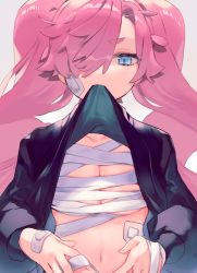 Rule 34 | 1girl, bad id, bad twitter id, bandaid, bandaid on hand, bandaid on stomach, black shirt, blue eyes, breasts, chest sarashi, cleavage, clothes in mouth, clothes lift, hair over one eye, lifting own clothes, long hair, medium breasts, mouth hold, original, pink hair, saku nosuke, sarashi, shirt, shirt in mouth, shirt lift, solo, suzette (sa9no), thick eyebrows, twintails