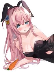 Rule 34 | 1girl, absurdres, animal ears, blue eyes, bocchi the rock!, breasts, carrot, cube hair ornament, gotoh hitori, hair ornament, highres, holding, holding carrot, large breasts, leotard, long hair, looking at viewer, pink hair, playboy bunny, rojineco nene, solo focus