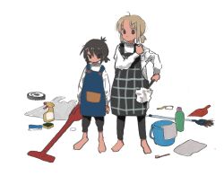 Rule 34 | 2girls, a channel, adjusting strap, alternate costume, alternate hairstyle, antenna hair, apron, arms at sides, barefoot, black apron, black eyes, black pants, blonde hair, blue apron, bottle, broom, bucket, commentary request, duster, dustpan, frown, full body, funao oekaki, hand up, holding, holding duster, holding vacuum cleaner, ichii tooru, long sleeves, looking at viewer, low twintails, momoki run, multiple girls, no mouth, pants, plaid, plaid apron, robotic vacuum cleaner, serious, shirt, short hair, short ponytail, short twintails, side-by-side, sidelocks, sponge, spray bottle, standing, toothbrush, towel, twintails, v-shaped eyebrows, white background, white shirt