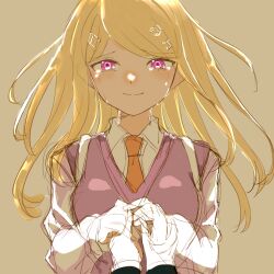 Rule 34 | 1boy, 1girl, akamatsu kaede, blonde hair, breasts, brown background, collared shirt, commentary request, danganronpa (series), danganronpa v3: killing harmony, fortissimo, hair ornament, highres, holding hands, karoru (xiaoxian55), large breasts, long hair, long sleeves, musical note, musical note hair ornament, necktie, orange necktie, pink eyes, pink sweater vest, saihara shuichi, shirt, simple background, solo focus, sweater vest, upper body, white shirt