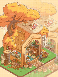 Rule 34 | absurdres, animal, animal focus, artist name, autumn leaves, baguette, basket, box, bread, cat, clothed animal, cobblestone, diorama, food, grass, grid background, highres, isometric, lying, motor vehicle, mouse (animal), mouse hole, no humans, on back, on roof, orange background, original, oversized object, potato, red shirt, red sleeves, scooter, scratching post, shirt, shop, short sleeves, simple background, sleeping, stairs, suxiazai, t-shirt, tree, vegetable, watermark, zoom layer