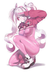 Rule 34 | 1girl, absurdres, alice (nikke), animal ear headphones, animal ears, blush, bodysuit, breasts, cropped jacket, fake animal ears, goddess of victory: nikke, headphones, headset, highres, impossible bodysuit, impossible clothes, jacket, large breasts, long hair, long sleeves, looking at viewer, on one knee, pink bodysuit, pink eyes, pink hair, puckered lips, red jacket, salute, shishimaru (shishibon), shoes, simple background, skin tight, sneakers, solo, swept bangs, thick thighs, thighs, twintails, very long hair, wavy hair, white background