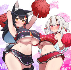 Rule 34 | 2girls, :p, alternate breast size, animal ears, armpits, arms up, bell, black hair, black skirt, blush, breasts, brown eyes, cheerleader, commentary request, cowboy shot, double bun, grey hair, grin, hair bell, hair bun, hair ornament, heart, highres, hololive, horns, kani bonara, large breasts, long hair, looking at viewer, low-tied long hair, microskirt, multicolored hair, multiple girls, nakiri ayame, navel, ookami mio, pleated skirt, pom pom (cheerleading), red eyes, red hair, skin-covered horns, skirt, smile, stomach, streaked hair, symbol-shaped pupils, tail, tail around own leg, tongue, tongue out, underboob, virtual youtuber, wolf ears, wolf girl, wolf tail