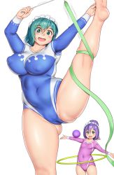 Rule 34 | 2girls, aqua eyes, aqua hair, blush, breasts, cameltoe, collarbone, commentary request, covered erect nipples, covered navel, dot nose, feet out of frame, green eyes, gymnastics, hair between eyes, highres, hoop, hula hoop, large breasts, leotard, long sleeves, looking at viewer, maid headdress, matching hair/eyes, medium hair, multiple girls, my maid (orizen), open mouth, original, orizen, puffy nipples, purple hair, rhythmic gymnastics, ribbon, simple background, smile, split, spread legs, standing, standing on one leg, standing split, sweatdrop, tareme, thick thighs, thighs, white background