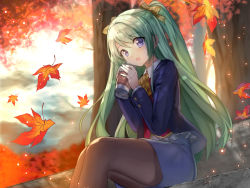 Rule 34 | :d, autumn leaves, blue eyes, blue jacket, blue skirt, blush, brown pantyhose, coffee, copyright request, cup, day, drink, fuepo, green hair, highres, holding, holding cup, jacket, long hair, official art, open mouth, outdoors, pantyhose, pencil skirt, ponytail, sitting, skirt, smile, solo, tree, very long hair, vest, yellow neckwear