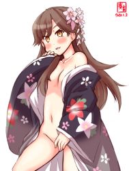 Rule 34 | 1girl, alternate costume, arashio (kancolle), artist logo, black kimono, breasts, brown eyes, brown hair, commentary request, convenient censoring, cowboy shot, dated, flower, hair flower, hair ornament, highres, japanese clothes, kanon (kurogane knights), kantai collection, kimono, long hair, naked kimono, navel, simple background, small breasts, solo, standing, white background