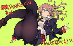 Rule 34 | 1girl, black pantyhose, blazer, brown hair, comic, green background, green eyes, gridman universe, jacket, legs up, loafers, long hair, looking at viewer, minami yume, miniskirt, nirak, pantyhose, pleated skirt, school uniform, shoes, skirt, sleeves past wrists, solo, ssss.dynazenon, thick thighs, thighs