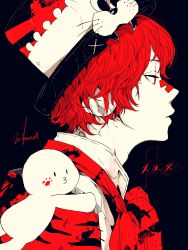Rule 34 | 1boy, 3kuma, bandaid, bandaid on face, bandaid on nose, black background, coat, commentary, fangs, from side, fukase, half-closed eyes, hat, highres, male focus, o3o, on shoulder, paw print, point (vocaloid), profile, red eyes, red hair, red neckwear, signature, upper body, vocaloid, whiskers, white coat