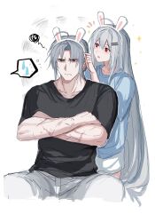 Rule 34 | 1girl, 1other, ^^^, ahoge, animal ears, arknights, black shirt, blue shirt, closed mouth, collarbone, crossed arms, fake animal ears, grey hair, hair ornament, hairband, hairclip, highres, long hair, pants, parted bangs, rabbit ears, red eyes, shirt, short hair, short sleeves, simple background, sitting, skadi (arknights), sparkle, speech bubble, spoken sweatdrop, squiggle, sweatdrop, ulpianus (arknights), v-shaped eyebrows, very long hair, white background, white hairband, white pants, zuo daoxing