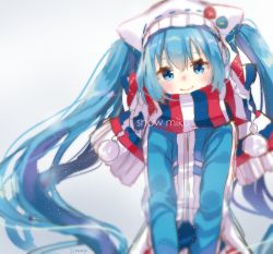 Rule 34 | 1girl, blue eyes, blue hair, character name, hat, hatsune miku, highres, jimmy madomagi, long hair, looking at viewer, matching hair/eyes, scarf, smile, solo, striped clothes, striped scarf, twintails, very long hair, vocaloid, winter clothes, yuki miku, yuki miku (2016) (candidate no.1)