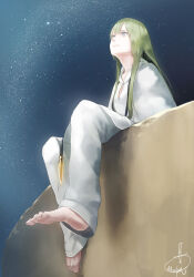 Rule 34 | 1other, barefoot, closed mouth, enkidu (fate), fate (series), from below, green hair, grey eyes, long hair, looking up, mizutame tori, night, pants, robe, sidelocks, signature, sitting, sky, smile, solo, star (sky), starry sky, toes, white pants, white robe