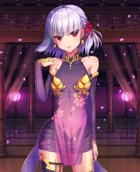 Rule 34 | 1girl, bare shoulders, blush, breasts, chagara, covered navel, detached sleeves, dress, earrings, fate/grand order, fate (series), floral print, hair ribbon, jewelry, kama (fate), kama (first ascension) (fate), looking at viewer, pelvic curtain, petals, purple dress, purple skirt, purple sleeves, purple thighhighs, red eyes, red ribbon, ribbon, ring, sash, short hair, silver hair, skirt, small breasts, smile, solo, thighhighs, thighlet, thighs, tongue, tongue out