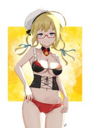 Rule 34 | 1girl, ahoge, alternate costume, blonde hair, blue eyes, bodice, border, breasts, closed mouth, commentary request, cowboy shot, detached collar, hand on own hip, highres, i-8 (kancolle), kantai collection, large breasts, long hair, looking at viewer, necktie, neve (morris-minicooper), outside border, red-framed eyewear, red necktie, semi-rimless eyewear, signature, smile, solo, twintails, white border, white headwear, yellow background