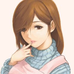 Rule 34 | 1girl, apron, artist request, brown eyes, brown hair, eyelashes, finger to mouth, hair over one eye, lips, lowres, parted bangs, parted lips, portrait, ribbed sweater, shinken-zemi, solo, sweater, turtleneck, turtleneck sweater, zemi mama