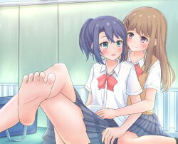 2girls adachi_sakura adachi_to_shimamura aqua_eyes bag barefoot blue_hair blush bow bowtie brown_hair collared_shirt commentary_request crossed_legs dark_blue_hair eye_contact feet grey_skirt hair_ornament hairclip hand_on_another&#039;s_stomach hug hug_from_behind legs long_hair looking_at_another medium_hair multiple_girls on_floor open_mouth orange_sweater_vest parted_bangs plaid_clothes plaid_skirt purple_eyes red_bow red_bowtie school school_bag school_uniform shimamura_hougetsu shirt short_ponytail short_sleeves sidelocks sitting skirt smile soles sweater_vest thighs toes twinklemelon wariza white_shirt yuri