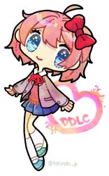 Rule 34 | 1girl, acronym, ahoge, blue eyes, blue footwear, blue skirt, bow, brown hair, brown sweater vest, commentary, doki doki literature club, doradorakingyo, eyelashes, full body, grey jacket, hair bow, jacket, looking at viewer, no nose, red bow, red ribbon, ribbon, sayori (doki doki literature club), short hair, skirt, socks, solo, sweater vest, twitter username, white background, white socks